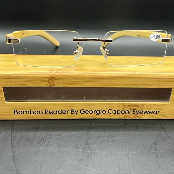 BRAND NEW Bamboo Rimless Reader Glasses by Georgio Caponi - +1.0 w/Bamboo Case - Picture 3 of 9